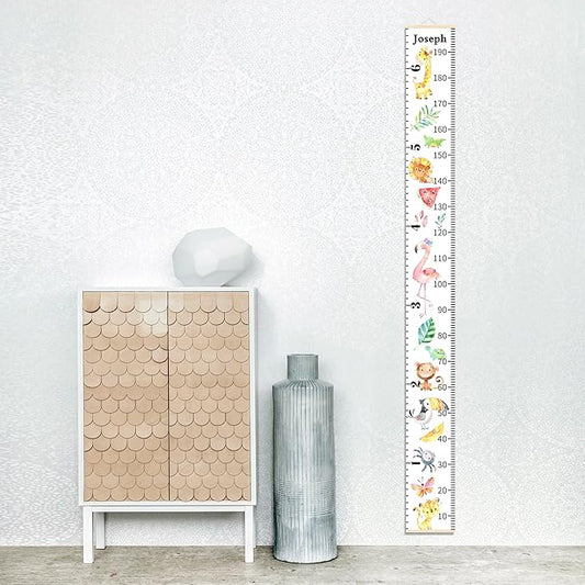 Personalized Growth Chart for Kids, Baby Height Chart with Custom Name, 77"x7.9" Canvas and Beige Wood Height Measuring Rulers for Boys Girls Removable Wall Ruler Hanging for Nursery Decor - Animals