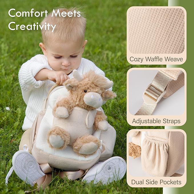 Moonkie Hug & Go Highland Cow Toddler Backpack – Soft Plush Bag with Take-Along Toy for Boys Aged 2–4 | Ideal for Daycare | Travel & Birthday Gifts for 3-Year-Old Kids