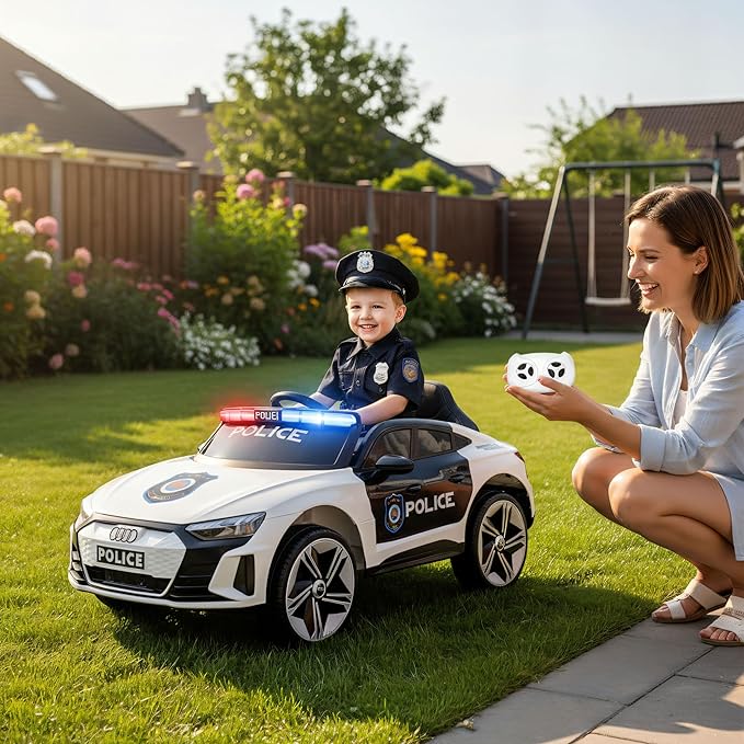 12V Kids Police Ride On Car with Remote Control, Flashing Lights, Siren & Megaphone, Bluetooth Music, Rocking Mode, Leather Seat, 3 Speeds, Battery Powered Electric Vehicle for Boys & Girls