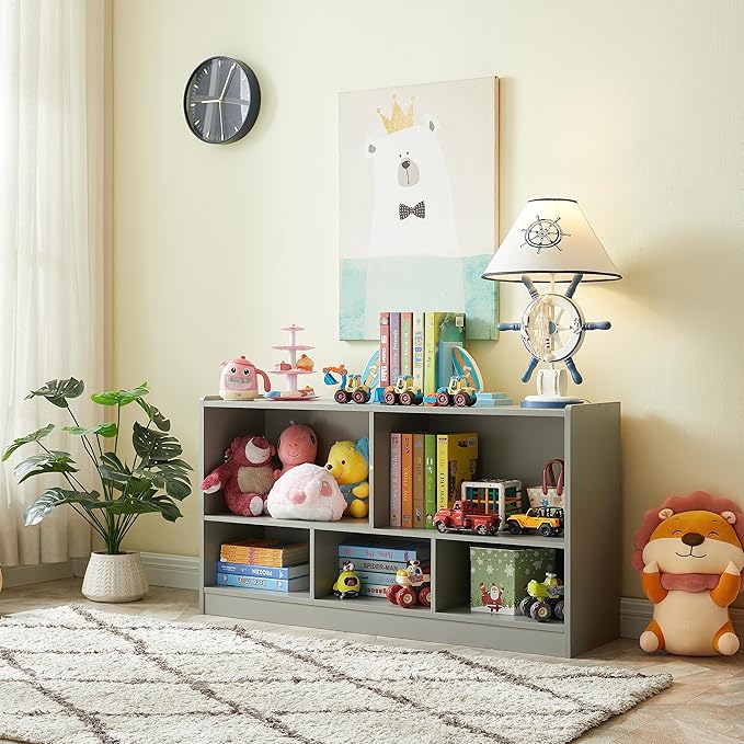 Onirw Kids Toy Storage Organizer, 5-Section Storage Cabinet for Organizing Books Toys, Wooden Bookshelf Daycare Furniture for School, Classroom Playroom, Nursery, Kindergarten (Gray)