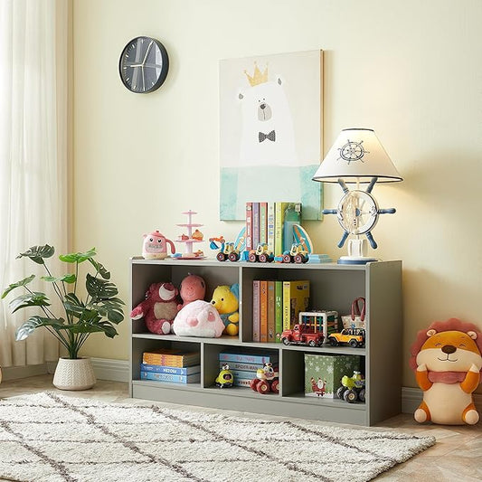 Onirw Kids Toy Storage Organizer, 5-Section Storage Cabinet for Organizing Books Toys, Wooden Bookshelf Daycare Furniture for School, Classroom Playroom, Nursery, Kindergarten (Gray)