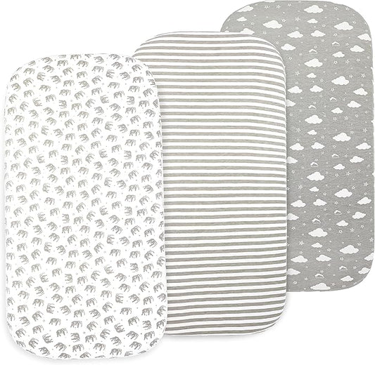 Baby Bassinet Sheet Set for Boy and Girl, 3 Pack Organic Jersey Cotton Universal Fitted Bedding Cover for Oval, Hourglass & Rectangle Bassinet Mattress, Fitted Sheets Size 32 x 16 x 4 Inches