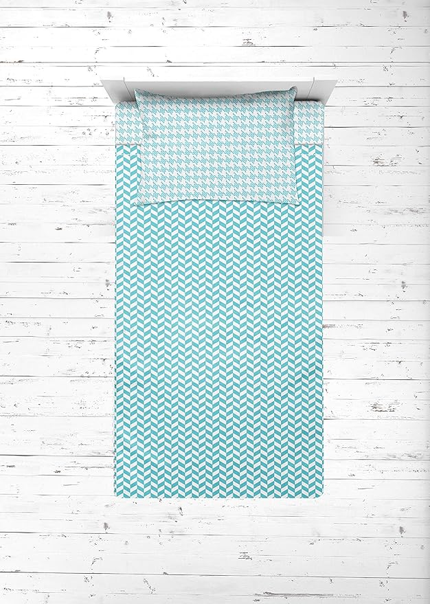 Bacati - Houndstooth/Herringbone 100% Cotton Muslin 4 Piece Neutral Toddler Bedding Set for US Standard Crib/Toddler Beds (Aqua)