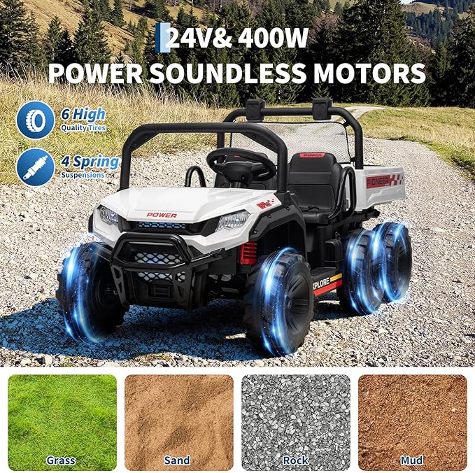 24V 4WD Electric Dump Truck for Kids, 2 Seater Remote Control Ride On Car with Dump Bed, All Terrain Vehicle Toy for Boys & Girls 3-8 Years Old, White