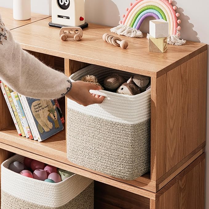 joybest 11inch Cube Storage Bins Set of 4, Cotton Rope Woven Organizer Basket for Shelves, Cube Bin Square Shelves Organizer Closet Storage, Nursery, Toy Organization, Brown&White