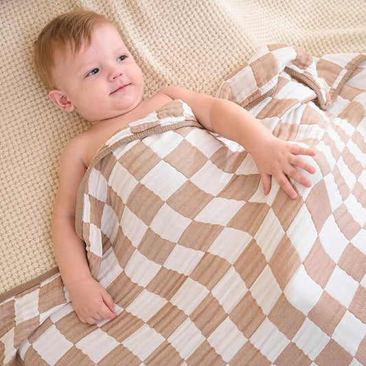 Ultra Soft Muslin Baby Blanket,A Versatile Swaddle and Bed Blanket for Babies, Toddlers, Boys, and Girls (1 Coffee Checkered 1 Pack).