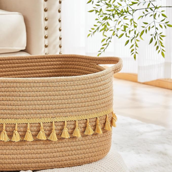 BUBUSUN Storage Bins Woven Baskets for Storage Set of 3, Cotton Rope Basket with Handles for Toys/Shelves/Laundry, Rectangle Multi-Purpose Organizer for Living Room, Bedroom, Nursery (Brown)