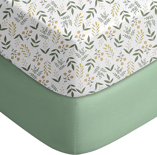 Yoofoss Baby Crib Sheets 2 Pack for Boys and Girls - 52x28 Fitted Crib Sheet Neutral Fits for Standard Crib and Toddler Mattress, Ultra Soft Breathable Microfiber Green Flower