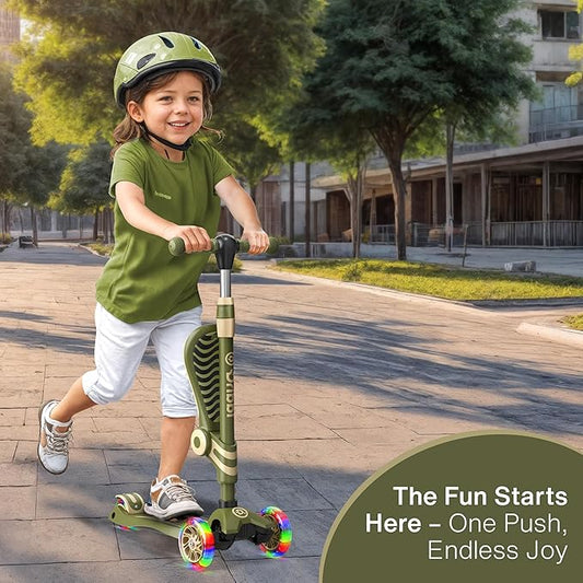 Army 3 Wheel Scooter with Seat for Kids, Light-Up Wheels, Adjustable Lean to Steer Handlebar and Seat, Smooth Wheels, Wide No-Slip Deck, Rear Foot Brake, Toddler Outdoor Toys for Ages 2+