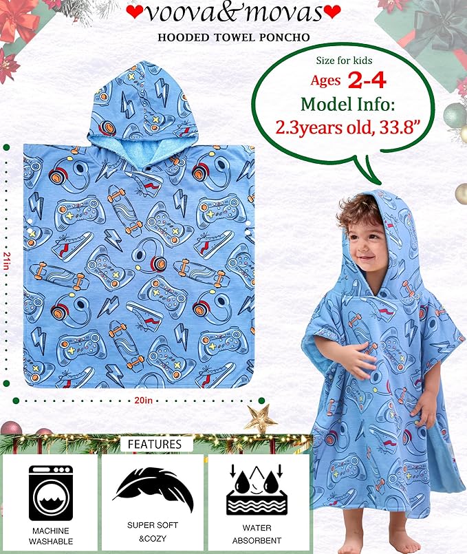 VOOVA & MOVAS Double-Layered Thick Baby Hooded Towel Poncho (2-4 Years, 20x21 Inches) | Ultra Soft & Absorbent Cotton Toddler Bath Towel for Swimming, Beach, Shower & Winter, Game