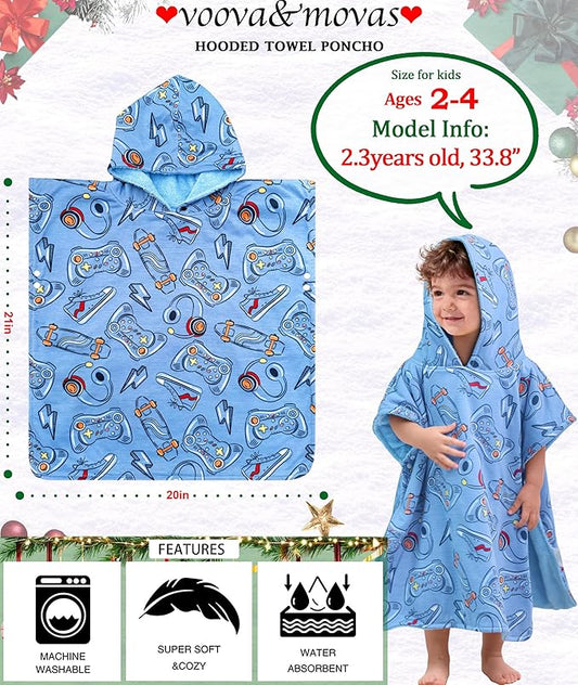 VOOVA & MOVAS Double-Layered Thick Baby Hooded Towel Poncho (2-4 Years, 20x21 Inches) | Ultra Soft & Absorbent Cotton Toddler Bath Towel for Swimming, Beach, Shower & Winter, Game