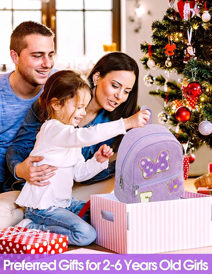 2 3 4 5 6 Year Old Girl Gifts Chenille Initial Mouse Bow Mini Backpack, Corduroy Toddler Backpacks Christmas Birthday Gifts for Girls 2-4 5-6, Purple Mini Diaper Bag Must Haves for Park Travel E