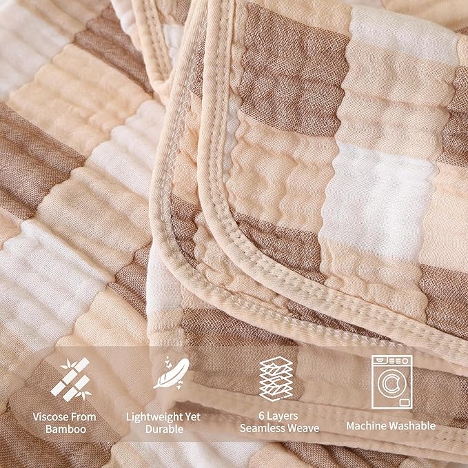 Ultra Soft Muslin Baby Blanket Made with Organic Cotton - Neutral Earth Tone Checkered Swaddle & Nursery Quilt, 43x43 (Beige-Coffee Checkered)