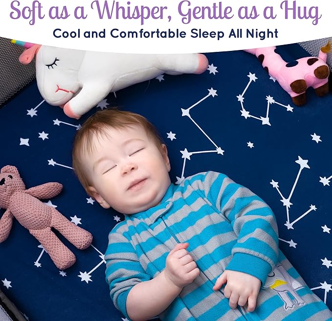 GROW WILD Pack n Play, Mini Crib Sheets 3-Pack | Soft Jersey Sheet Set for Boys or Girls | Playard Mattress, Pack and Play Sheets Fitted | Portable Bassinet Sheet - Stars & Moon Nursery Bedding