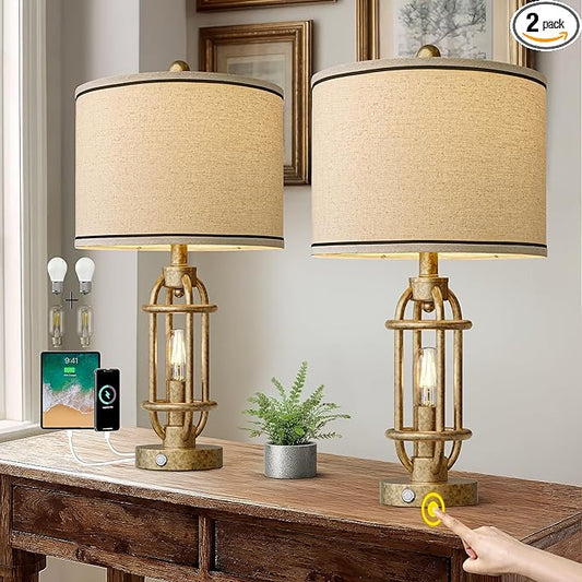 G-SAFAVA 23.75'' Table Lamps Set of 2 for Living Room Bedroom Industrial Farmhouse Metal Touch Lamps with USB A+C Ports, Night Light Vintage Nightstand Bedside Lamp, Bulbs Included, Champagne Gold