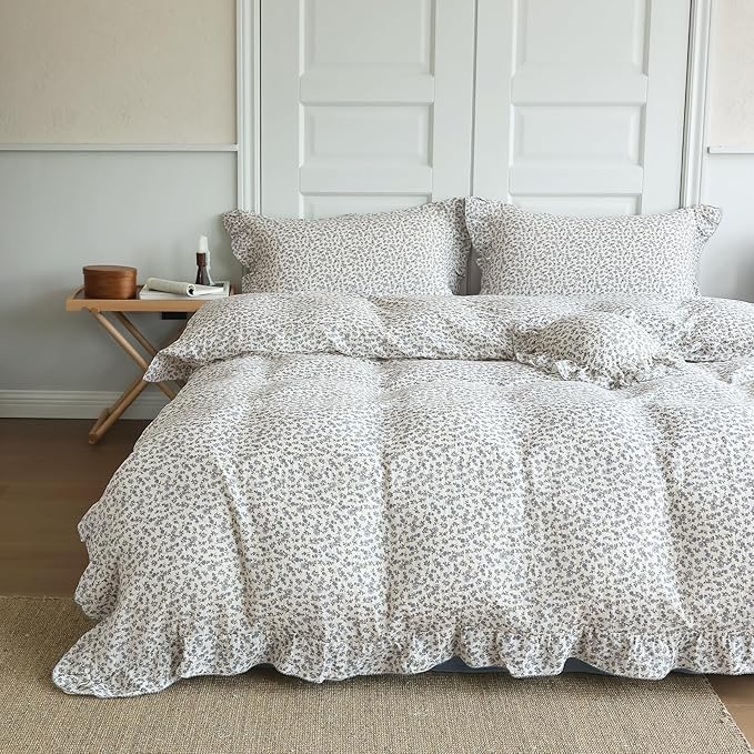 BuLuTu Vintage Blue Floral Ruffles Duvet Cover King, Princess Bedding Comforter Cover, 100% Cotton Muslin Quilt Covers with Zipper, 90"x104", No Pillow, Soft Lightweight