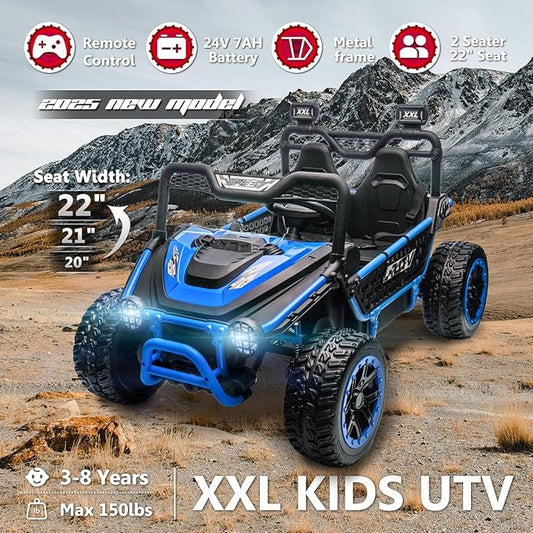 XXL 2 Seater Ride On Toys for Big Kids 24V Ride On Car with Remote Control 4WD Kids UTV with 22" Seat, Bluetooth, Music Player, EVA Rubber Tires, Spring Suspension, Blue