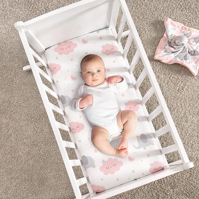 TILLYOU Baby Bassinet Sheets for Girls Boys, Fit for Hourglass Oval Rectangle Bassinet Mattress Sheets, 33”X16”, 2 Pack Elephant & Cloud Pink