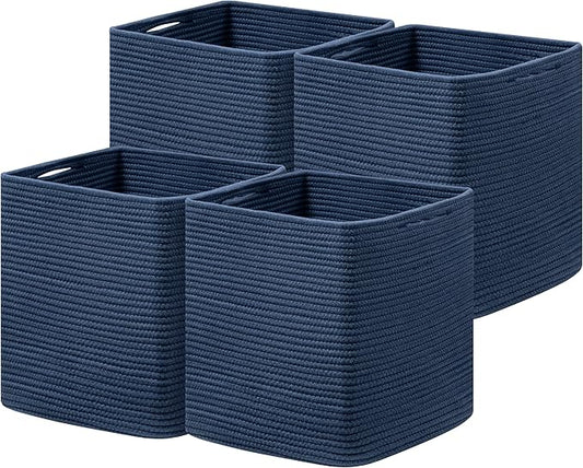 joybest 11inch Cube Storage Bins Set of 4, Cotton Rope Woven Organizer Basket for Shelves, Cube Bin Square Shelves Organizer Closet Storage, Nursery, Toy Organization, Navy Blue