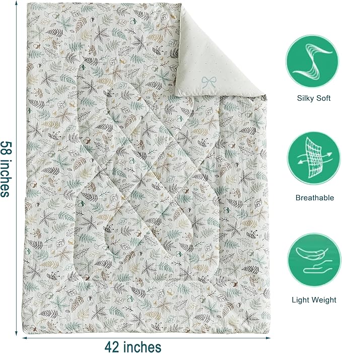JHXHMX 4 Pieces Toddler Bedding Set for Girls,Leaves Pattern Toddler Comforter Set,Soft Crib Bed Set Including Comforter,Sheets and Pillowcase-Leaf