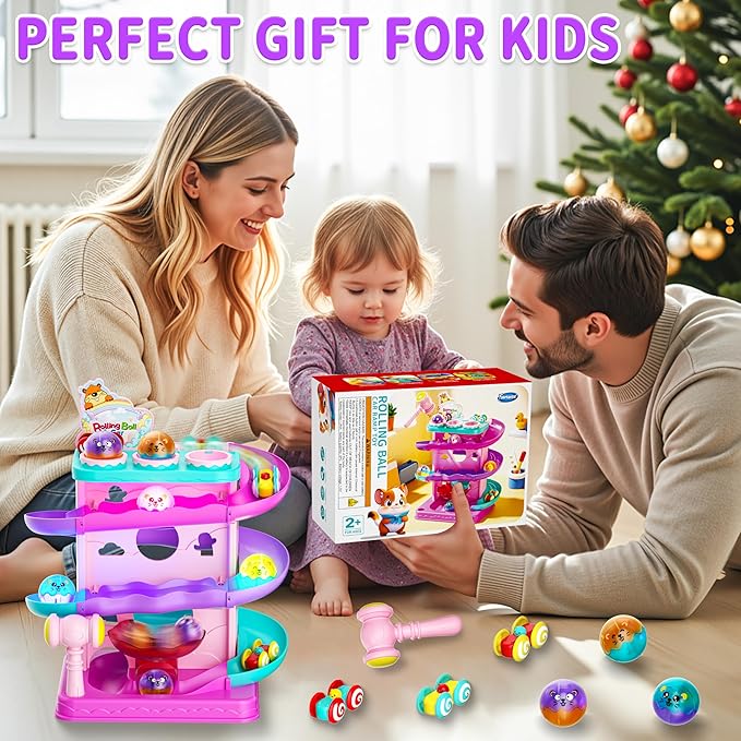 Funwee 2-in-1 Rolling Ball & Racing Car Ramp Toy for Toddlers, Race Track Hammer Lights Ball Drop, Interactive Montessori Learning Game Birthday Gift Idea for Kids 2 3 4 5+Year Old Girl Boy(Pink)