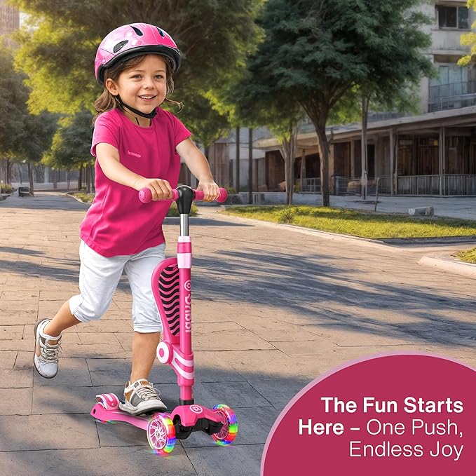 Pink 3 Wheel Scooter with Seat for Kids, Light-Up Wheels, Adjustable Lean to Steer Handlebar and Seat, Smooth Wheels, Wide No-Slip Deck, Rear Foot Brake, Toddler Outdoor Toys for Ages 2+