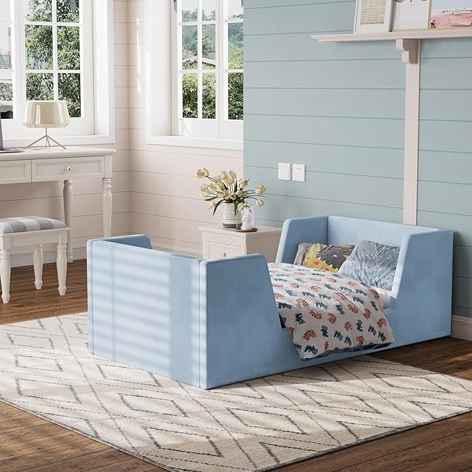 Toddler Bed, Toddler Floor Bed Frame with Guard Rails, Kids Bed for Ages 2-6 Years Kids Girls and Boys, Standard Crib Mattress Toddler Beds, Certified Fabric (Blue)
