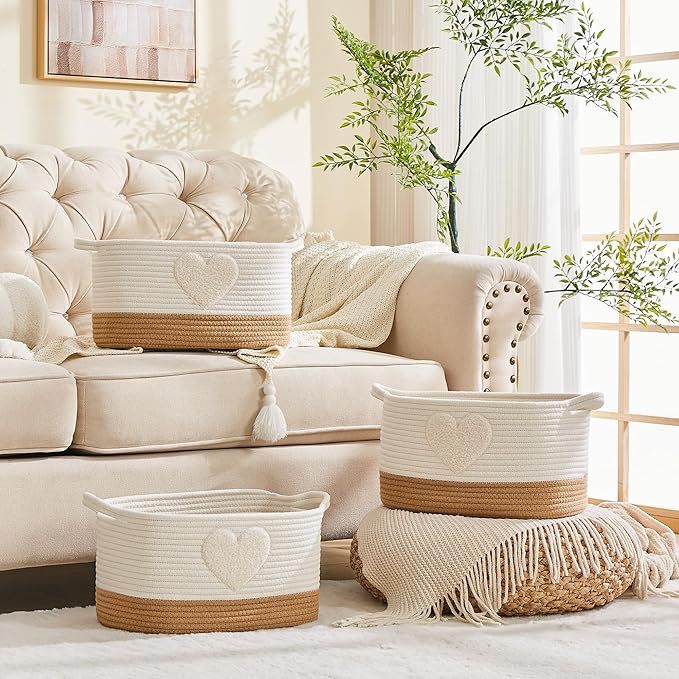 BUBUSUN Storage Bins Woven Baskets for Storage Set of 3, Cotton Rope Basket with Handles for Toys/Shelves/Laundry, Rectangle Multi-Purpose Organizer for Living Room, Bedroom, Nursery (Heart)