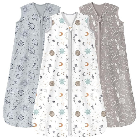 Baby Sleep Sack 12-18 Months 3 Pack 100% Cotton Lightweight 0.5 TOG Wearable Blanket Baby Sleep Bag with 2-Way Zipper for Newborn Infant White Gray Blue Space