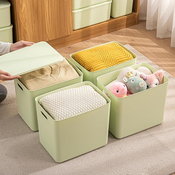 Gaoaodeyu 4 pack large plastic White storage bins Baskets, Toy Box Chest with Lids and Handle，Organizer Containers for Baby，Kids,snacks,Nursery，Shelves，Playroom, Bedroom，Office,Closet，home