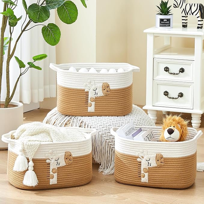 BUBUSUN Storage Bins Woven Baskets for Storage Set of 3, Cotton Rope Basket with Handles for Toys/Shelves/Laundry, Rectangle Multi-Purpose Organizer for Living Room, Bedroom, Nursery (Giraffe)