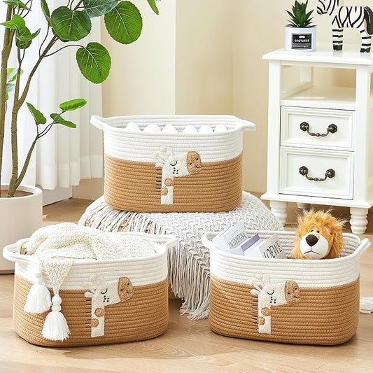 BUBUSUN Storage Bins Woven Baskets for Storage Set of 3, Cotton Rope Basket with Handles for Toys/Shelves/Laundry, Rectangle Multi-Purpose Organizer for Living Room, Bedroom, Nursery (Giraffe)