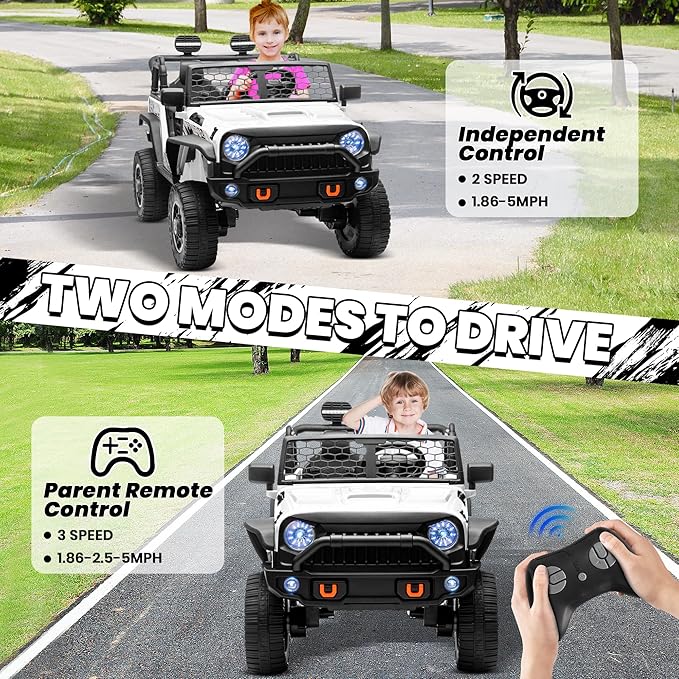 24V XL 2 Seater Ride On Toys for Big Kids, 4WD/2WD Switchable 800W Electric Truck w/20'' Wide Seat, Remote Control, 4-Wheeler Suspension, Xmas & Birthday Gift Ideas for Boys Girls, White