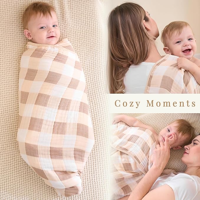 Ultra Soft Muslin Baby Blanket Made with Organic Cotton - Neutral Earth Tone Checkered Swaddle & Nursery Quilt, 43x43 (Beige-Coffee Checkered)