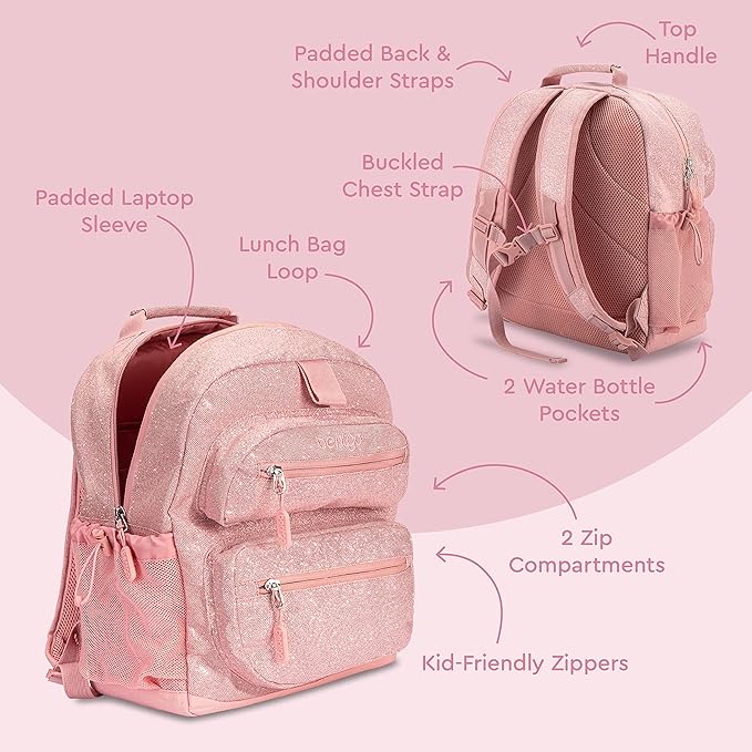 Bentgo Kids Glitter Backpack - Lightweight 14” Backpack for School, Travel & Daycare, Ideal for Ages 4+, Durable & Water-Resistant, Roomy Interior, & Loop for Lunch Bag (Glitter Edition - Petal Pink) | Lightweight, Backpack for School, Travel, Daycare,...