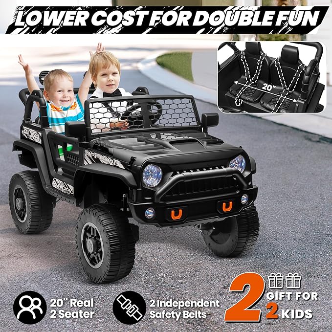 24V Ride On Toys for Big Kids, MOEYURO 2 Seater Ride on Cars with 4WD/2WD Switchable, 20'' Wide Seat, Ride on Truck w/Remote Control, 4-Wheeler Suspension, Power Car Wheelers for Kid Boys Girls, Black