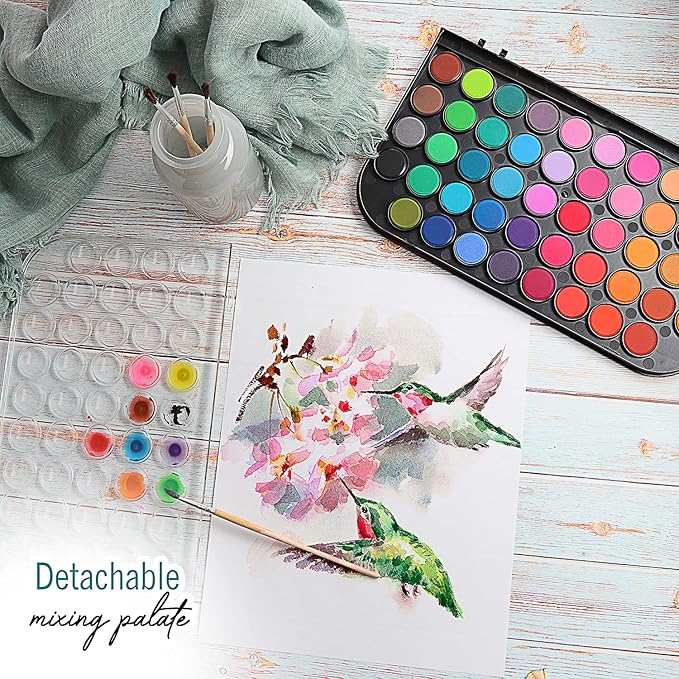 Watercolor Paint Set- 48 Colors Washable Water Paint with Palette, 3 Brushes & Refillable Water Brush Pen, Non Toxic, for Kids, Beginners, Adults & Artists