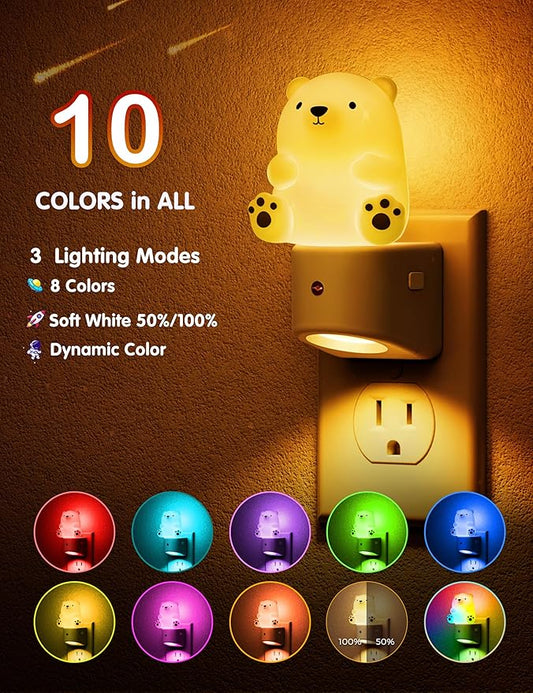 L LOHAS LED Night Light for Kids, 3D Bear Night Light Plug in, Dusk to Dawn Nursery Night Lights, RGB+Soft White 3000K, 3 Lighting Modes, Room Decor, Children