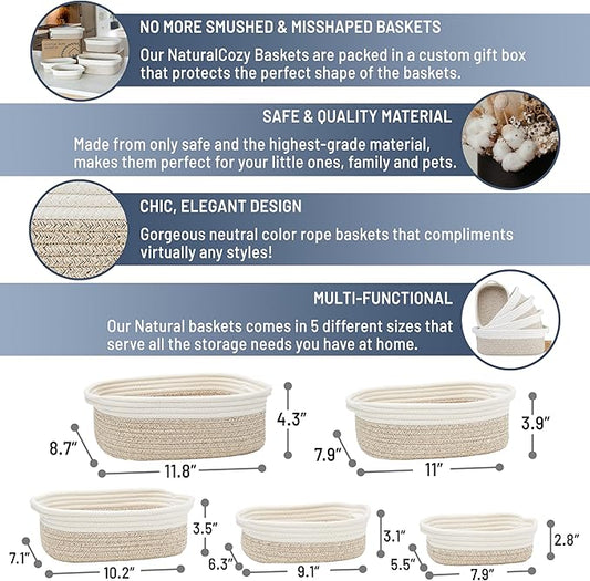 NaturalCozy 5-Piece Rectangle Storage Basket Set- Natural Cotton Rope Woven Baskets for Organizing! Small Basket for Montessori, Baby Nursery, Dog Toy Baskets, Cat Toy Box, Bathroom Organization Bin