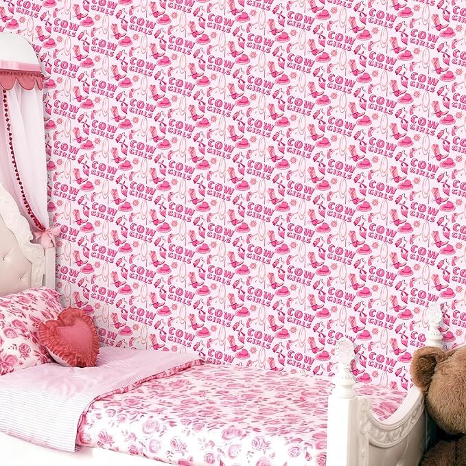 Pink Peel and Stick Wallpaper Cowgirl Contact Paper Staircase Sticker Western Theme Self Adhesive Wall Paper Hat Boots Vinyl Film Disco Cow Print Art Mural for Cabinets Bedroom Drawer 15.7"x62.9"
