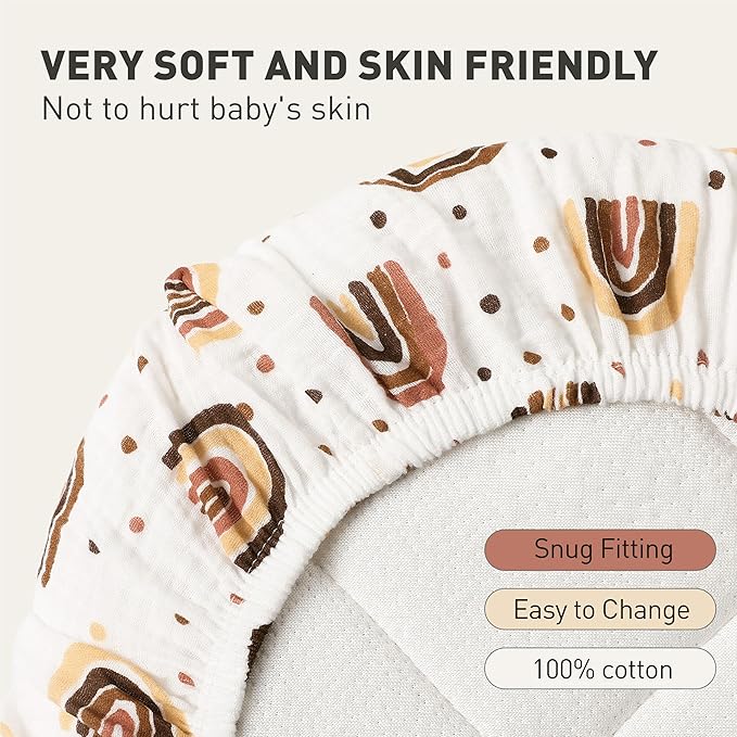 Muslin Bassinet Fitted Sheets, 2 Pack for Baby Boy and Girl, Soft Breathable Stretchy Baby Pad/Mattress Sheet Set, Universal Fit for Hourglass Oval and Rectangle Bassinet Mattress (Cute Rainbow)