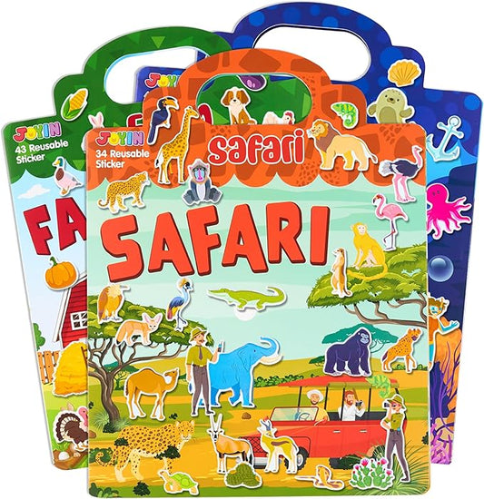JOYIN 3 Sets Animal Reusable Sticker Book for Toddlers, 3D Sticker Book for Kids 3 4 5, Travel Essentials, Airplane Activity Toys, Crafts Gifts, Birthday Gifts - Farm, Ocean, Safari