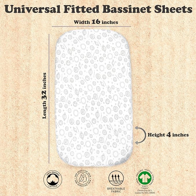 Bassinet Sheets Boy and Girl– 3-Pack Soft Fitted Bassinet Sheets, Organic Cotton, Breathable & Cozy, Fits 32x16x4 Inch Rectangle, Oval & Hourglass Mattresses (Grey)