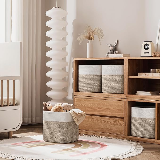 joybest 13x13x13inch Cube Storage Bins Set of 4, Cotton Rope Woven Organizer Basket for Shelves, Cube Bin Square Shelves Organizer Closet Storage, Nursery, Toy Organization, Brown&White