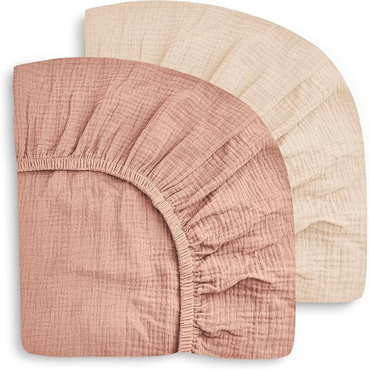 SWEET DOLPHIN 2-Pack Muslin Crib Sheets for Boys & Girls, Ultra Soft Breathable 40S Long-Staple Cotton Fitted Baby Sheets for Standard Crib Mattress 52"x28", Light Bean Paste- Nursery Essentials