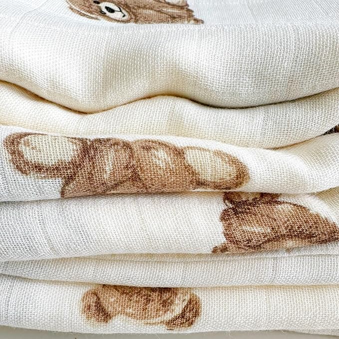 Ali+Oli Muslin Swaddle Blanket for Baby (Teddy Bear) Large 47" x 47" Soft Rayon Made from Bamboo & Organic Cotton, Machine Washable Receiving Blanket Wrap for Newborn to Toddler