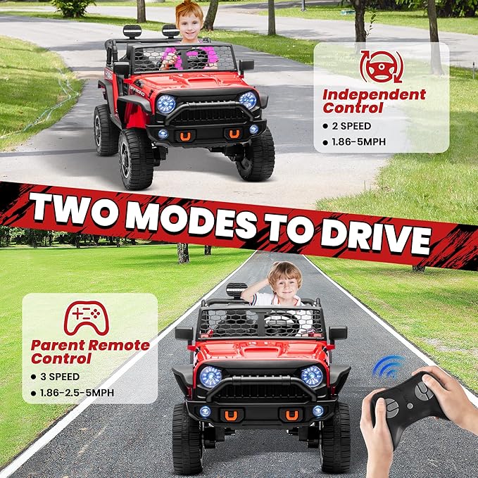 24V XL 2 Seater Ride On Toys Car for Big Kids, 4WD/2WD Switchable Electric Truck w/20'' Wide Seat, Remote Control, 4-Wheeler Suspension, Xmas & Birthday Gift Ideas for Kid Boys Girls, Red