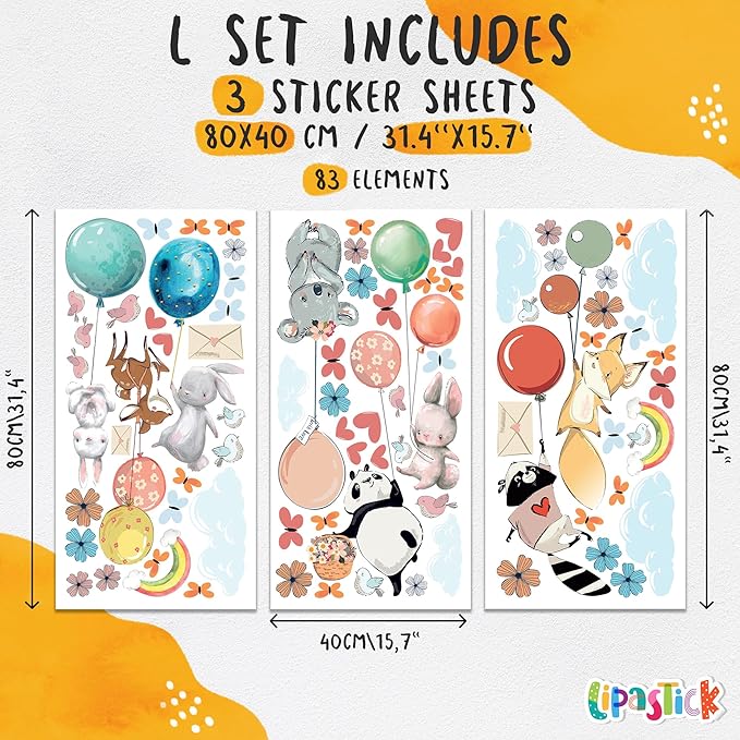 Hot Air Balloon Wall Decals by Lipastick - Peel and Stick Animal Stickers Raccoon, Fox, Koala, Panda for Kids Room, Nursery, Playroom, Bedroom - Removable Wall Decor for Boys, Girls, Babies - L Size
