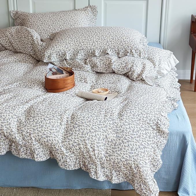 BuLuTu Vintage Blue Floral Ruffles Duvet Cover King, Princess Bedding Comforter Cover, 100% Cotton Muslin Quilt Covers with Zipper, 90"x104", No Pillow, Soft Lightweight