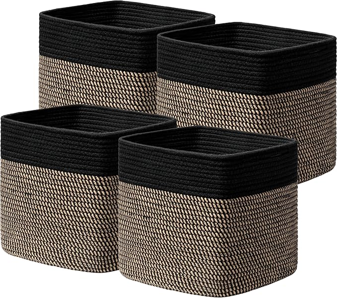 joybest 13x13x13inch Cube Storage Bins Set of 4, Cotton Rope Woven Organizer Basket for Shelves, Cube Bin Square Shelves Organizer Closet Storage, Nursery, Toy Organization, Black&Dark Brown